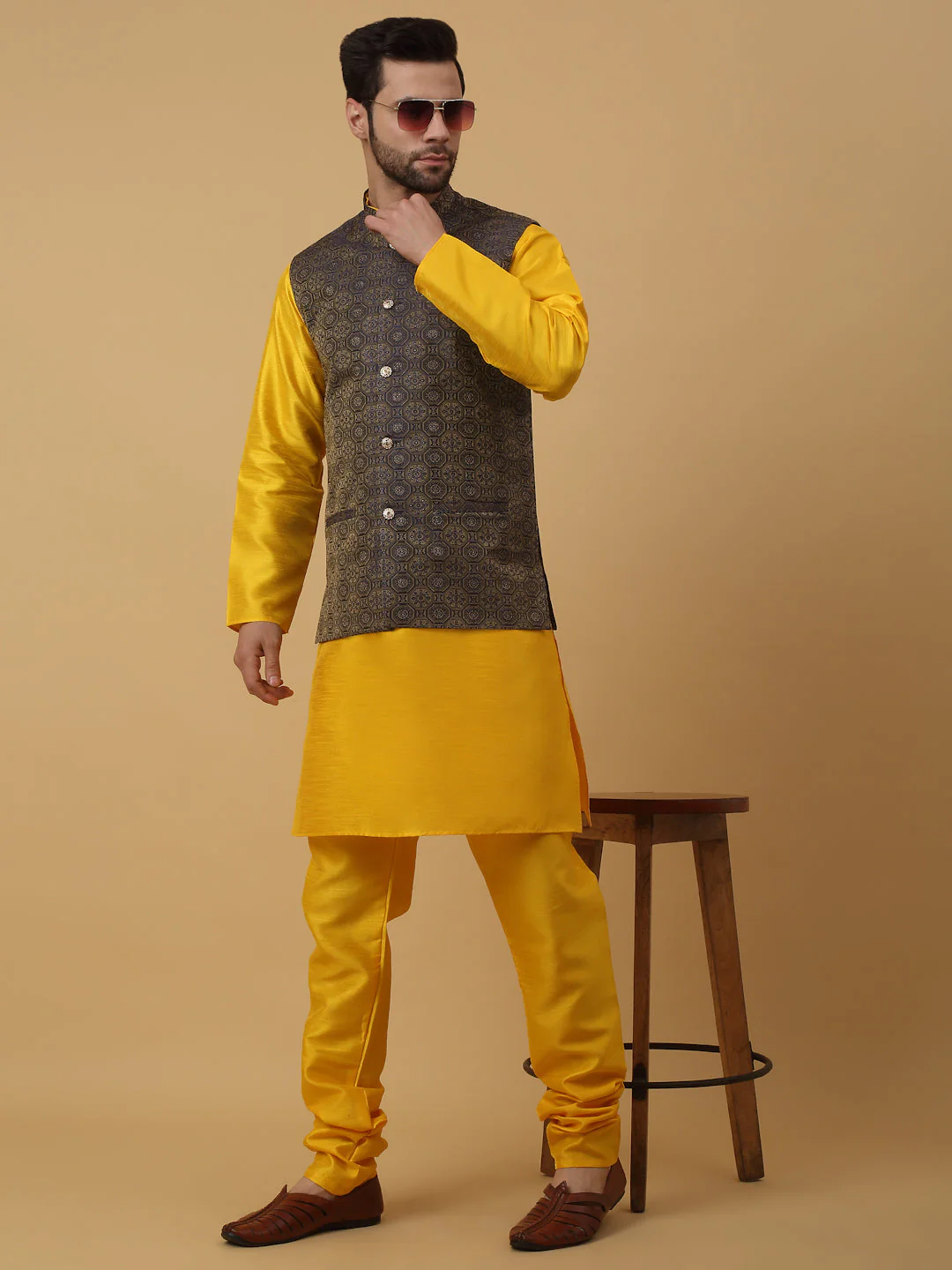 KRAFT INDIA Men's Silk Blend Yellow Kurta, Churidar with Jacquard Bandhani Silk Blend Nehru Jacket Set - Image 17