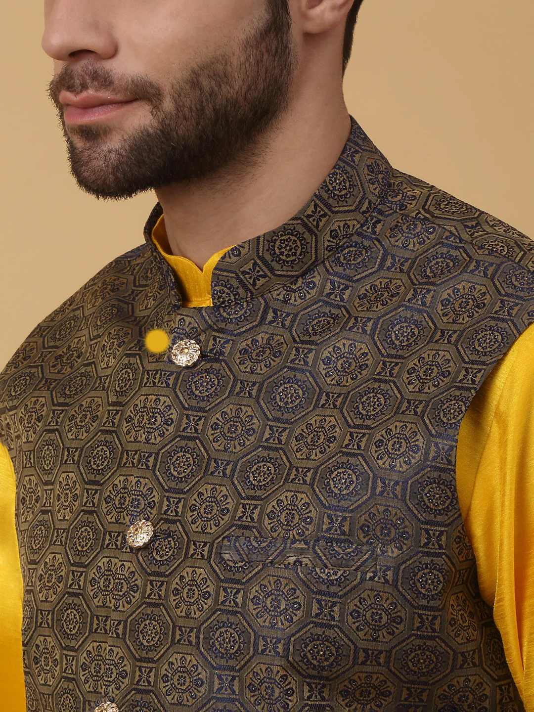 KRAFT INDIA Men's Silk Blend Yellow Kurta, Churidar with Jacquard Bandhani Silk Blend Nehru Jacket Set - Image 3