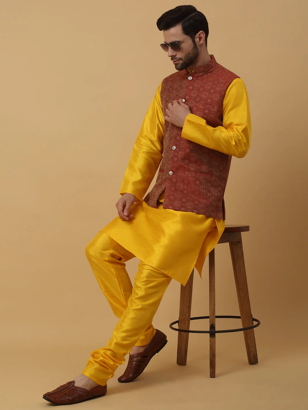 KRAFT INDIA Men's Silk Blend Yellow Kurta, Churidar with Jacquard Bandhani Silk Blend Nehru Jacket Set - Image 45