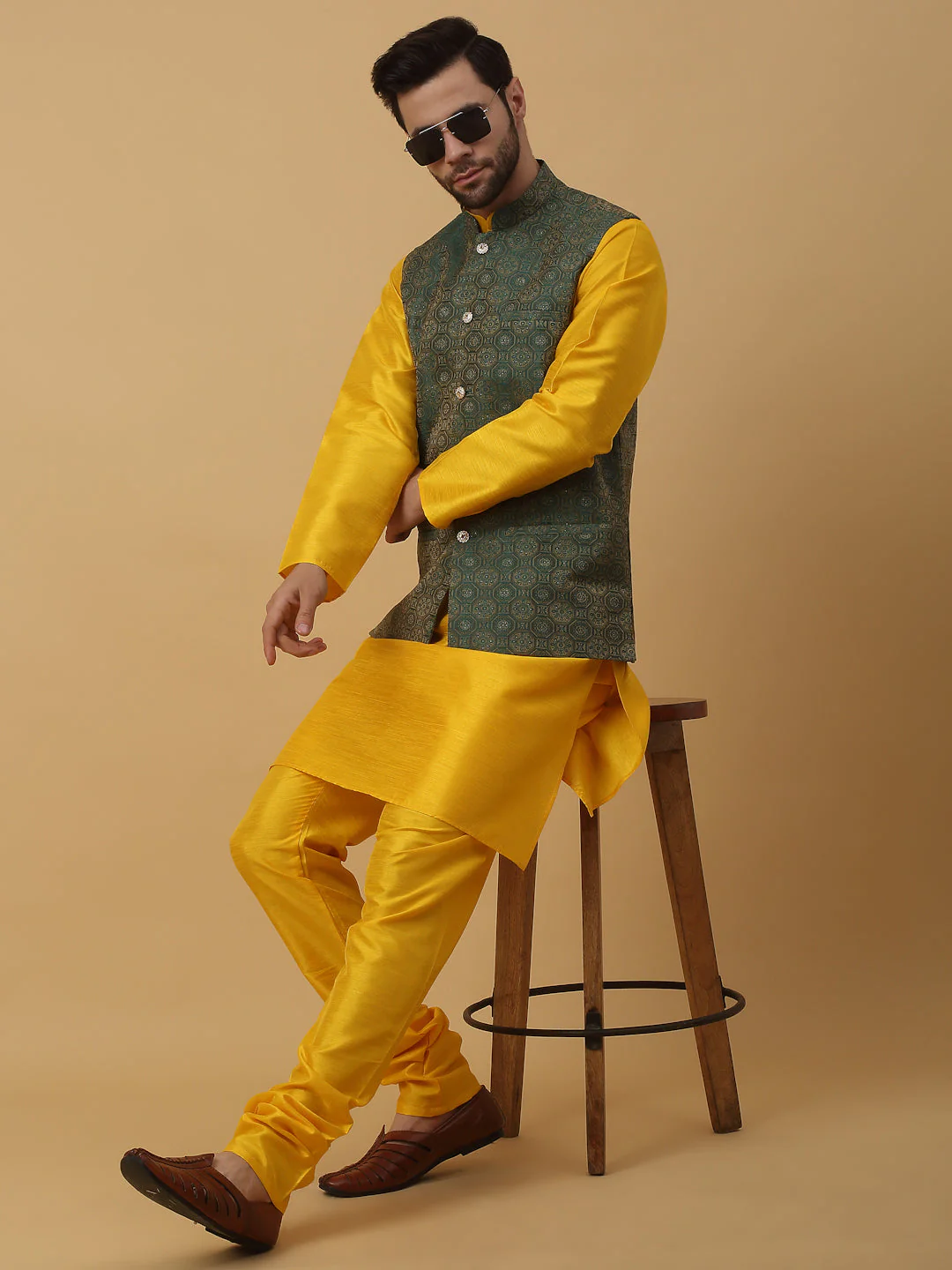 KRAFT INDIA Men's Silk Blend Yellow Kurta, Churidar with Jacquard Bandhani Silk Blend Nehru Jacket Set - Image 6