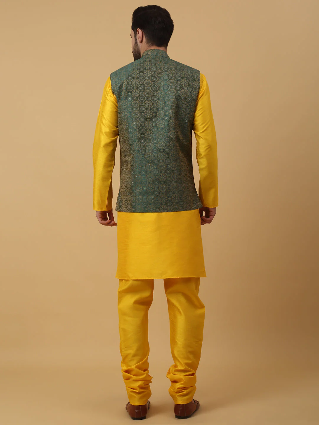 KRAFT INDIA Men's Silk Blend Yellow Kurta, Churidar with Jacquard Bandhani Silk Blend Nehru Jacket Set - Image 7