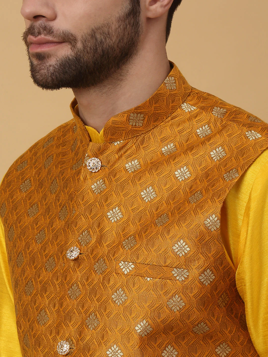 KRAFT INDIA Men's Silk Blend Yellow Kurta, Churidar with Jacquard Silk Blend Floral Print Nehru Jacket Set - Image 11