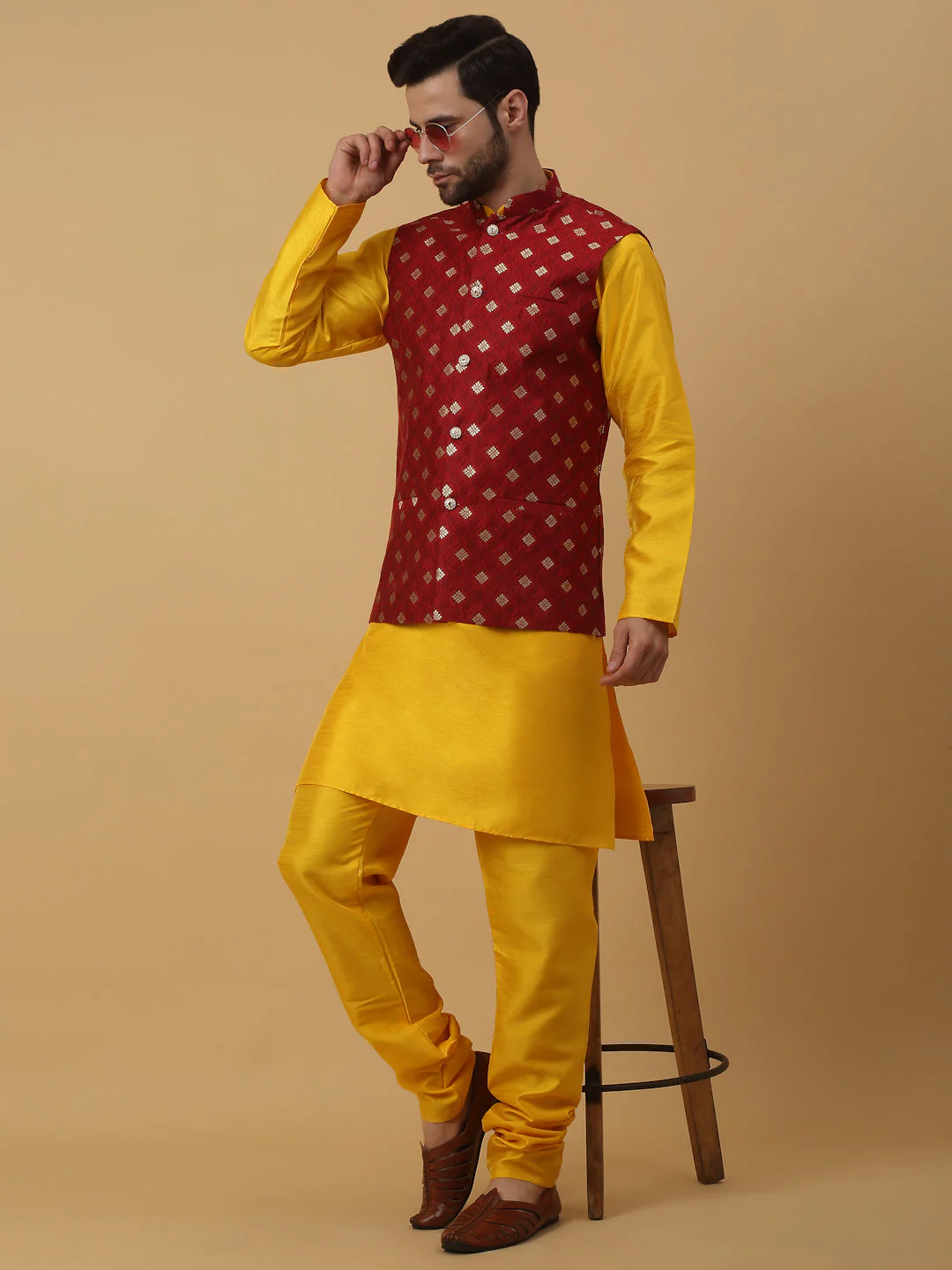 KRAFT INDIA Men's Silk Blend Yellow Kurta, Churidar with Jacquard Silk Blend Floral Print Nehru Jacket Set - Image 16