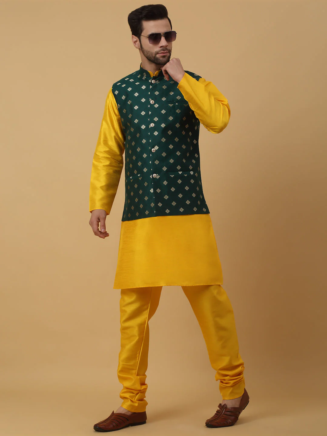 KRAFT INDIA Men's Silk Blend Yellow Kurta, Churidar with Jacquard Silk Blend Floral Print Nehru Jacket Set - Image 18