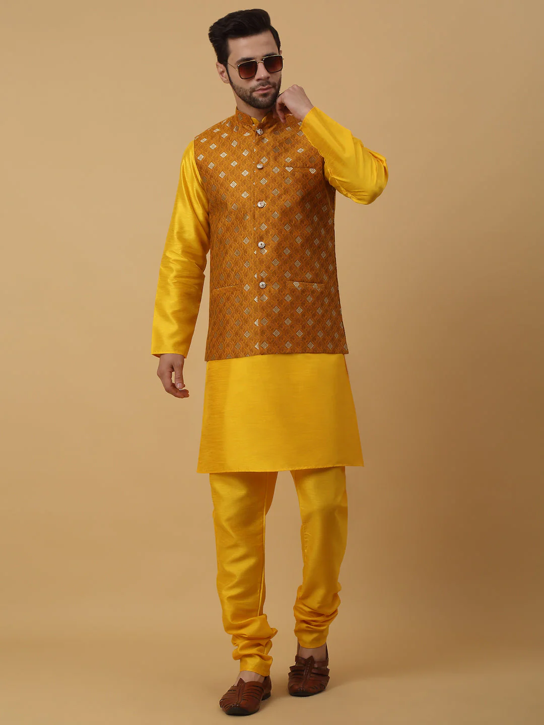 KRAFT INDIA Men's Silk Blend Yellow Kurta, Churidar with Jacquard Silk Blend Floral Print Nehru Jacket Set - Image 23