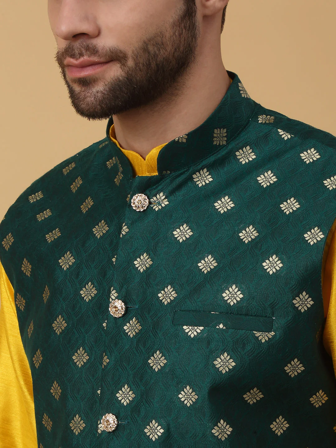 KRAFT INDIA Men's Silk Blend Yellow Kurta, Churidar with Jacquard Silk Blend Floral Print Nehru Jacket Set - Image 3