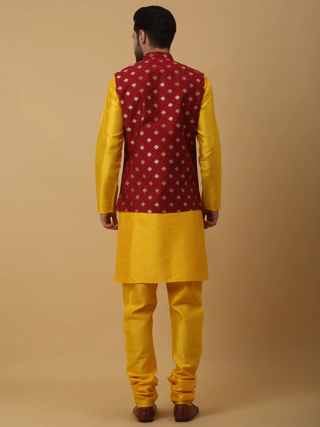 KRAFT INDIA Men's Silk Blend Yellow Kurta, Churidar with Jacquard Silk Blend Floral Print Nehru Jacket Set - Image 6