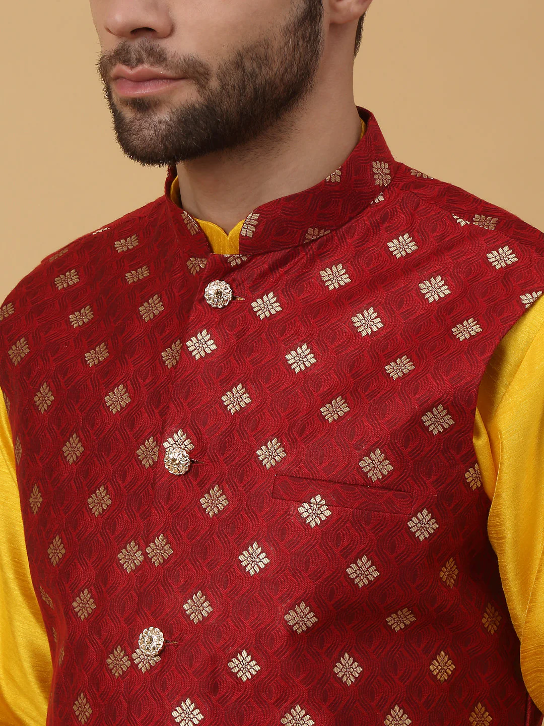 KRAFT INDIA Men's Silk Blend Yellow Kurta, Churidar with Jacquard Silk Blend Floral Print Nehru Jacket Set - Image 7