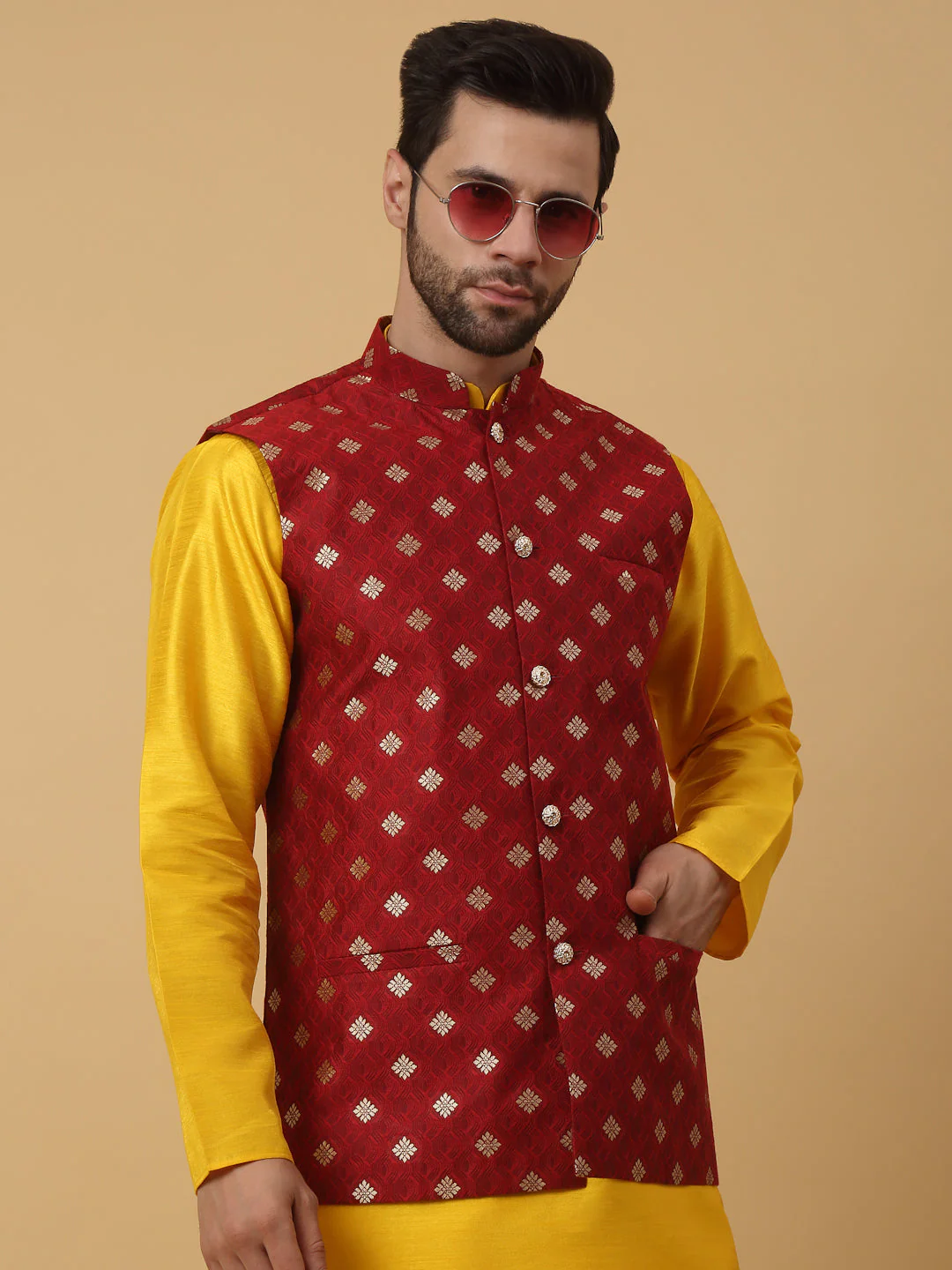 KRAFT INDIA Men's Silk Blend Yellow Kurta, Churidar with Jacquard Silk Blend Floral Print Nehru Jacket Set - Image 8