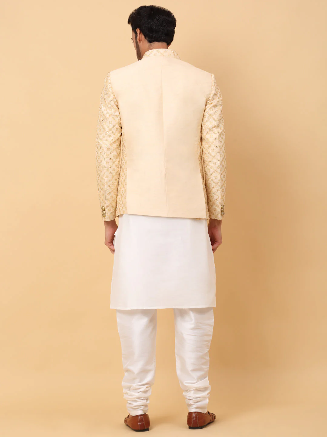 KRAFT INDIA Men's Silk Cream Kurta Churidar With Embroidered Zari Bandhgala Suit/Coat - Image 12