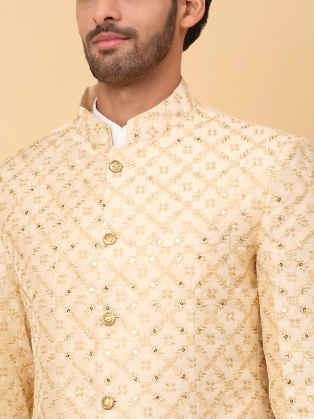 KRAFT INDIA Men's Silk Cream Kurta Churidar With Embroidered Zari Bandhgala Suit/Coat - Image 13