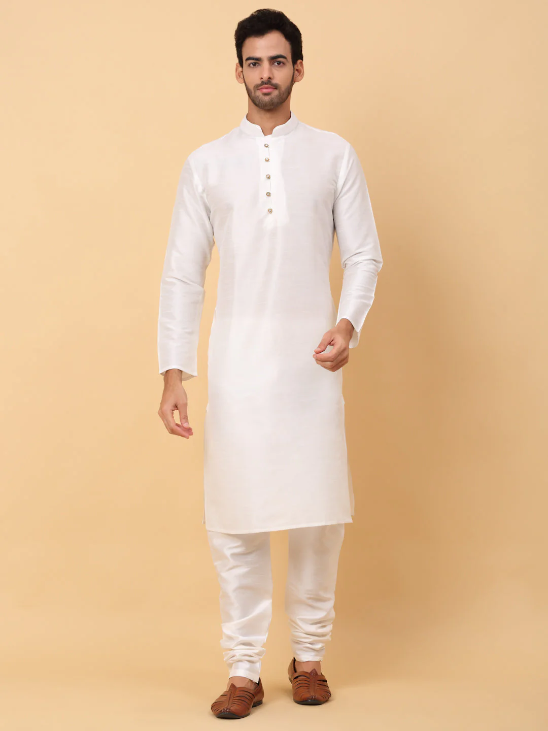KRAFT INDIA Men's Silk Cream Kurta Churidar With Embroidered Zari Bandhgala Suit/Coat - Image 14