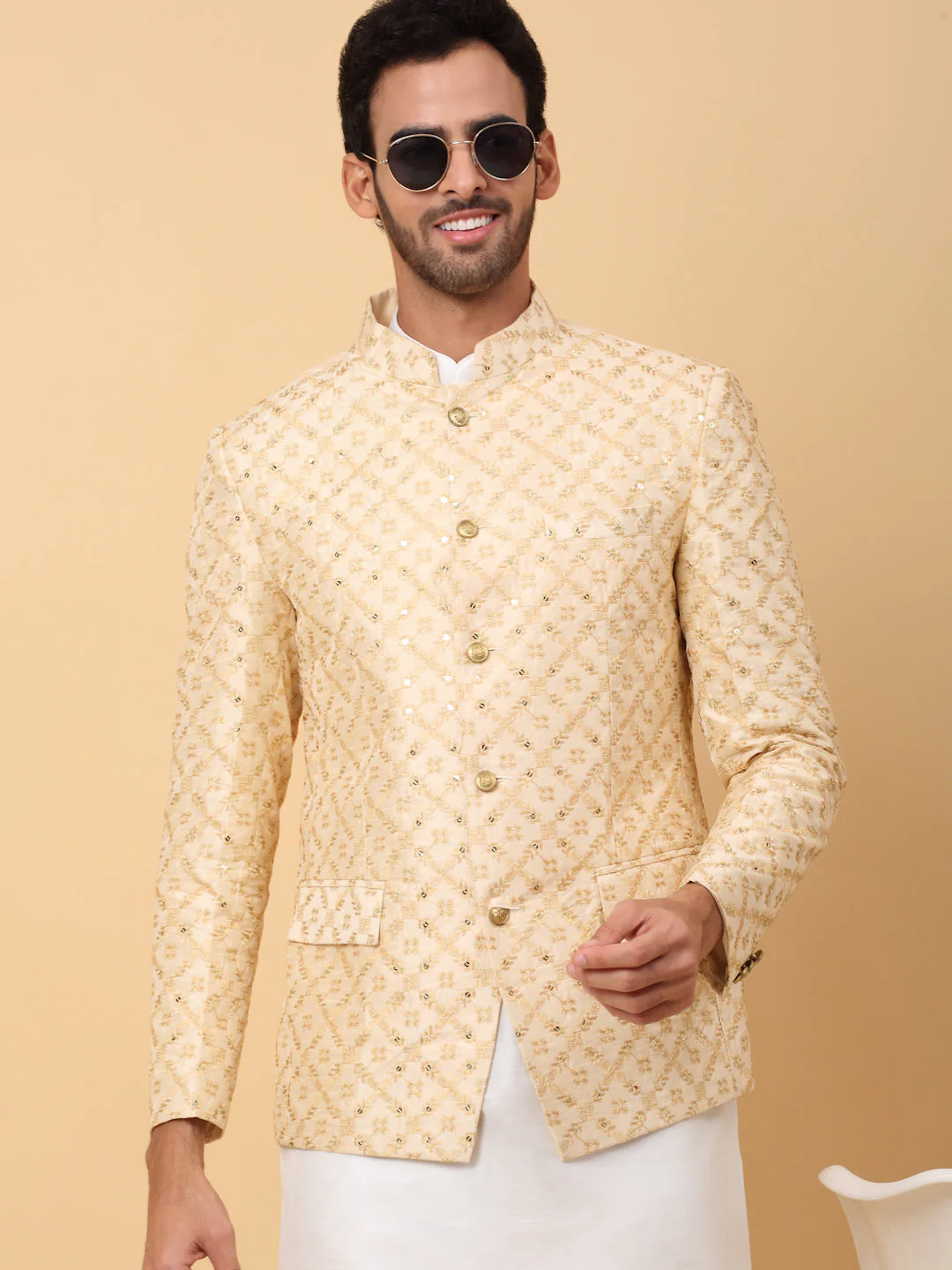 KRAFT INDIA Men's Silk Cream Kurta Churidar With Embroidered Zari Bandhgala Suit/Coat - Image 15