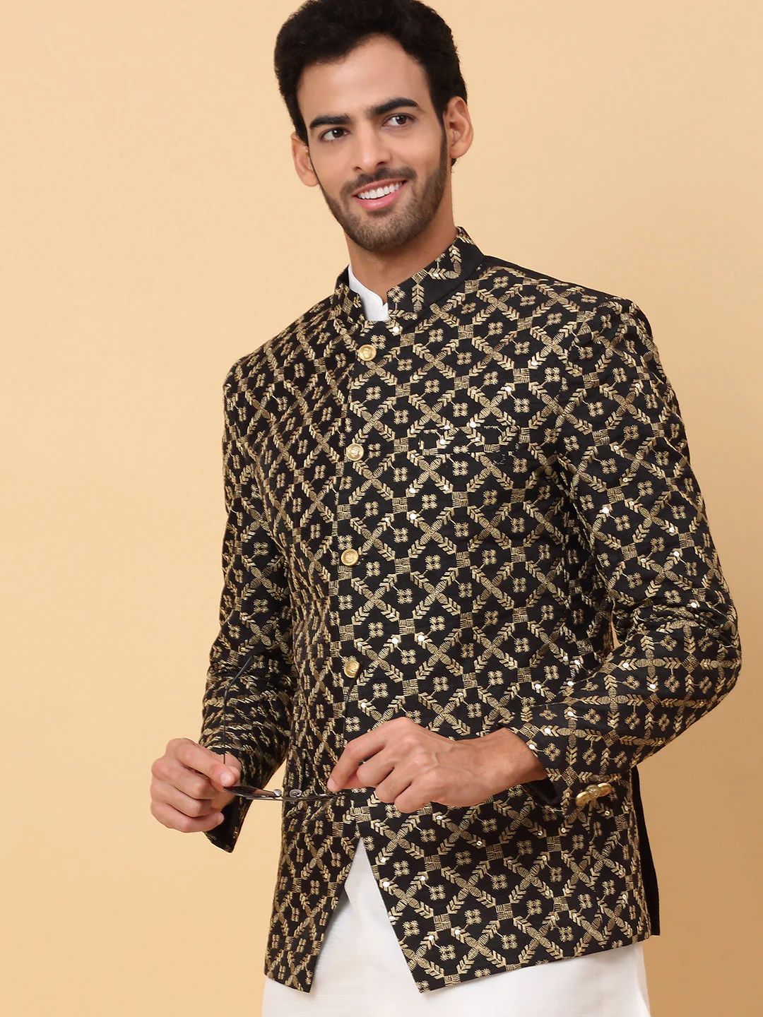 KRAFT INDIA Men's Silk Cream Kurta Churidar With Embroidered Zari Bandhgala Suit/Coat - Image 5