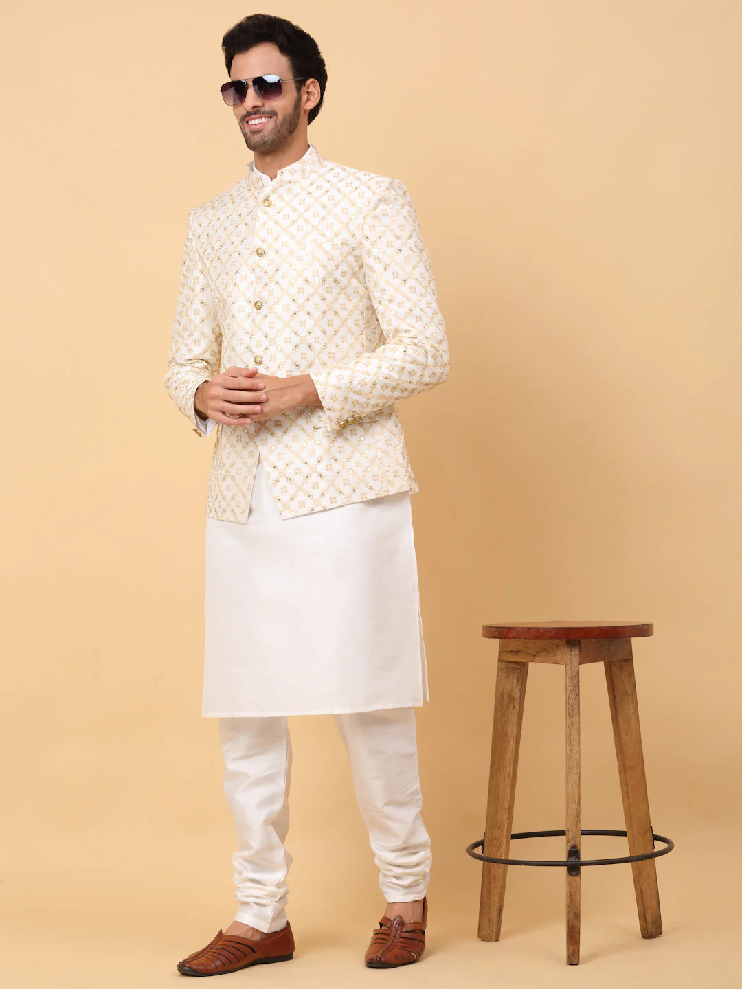 KRAFT INDIA Men's Silk Cream Kurta Churidar With Embroidered Zari Bandhgala Suit/Coat - Image 6