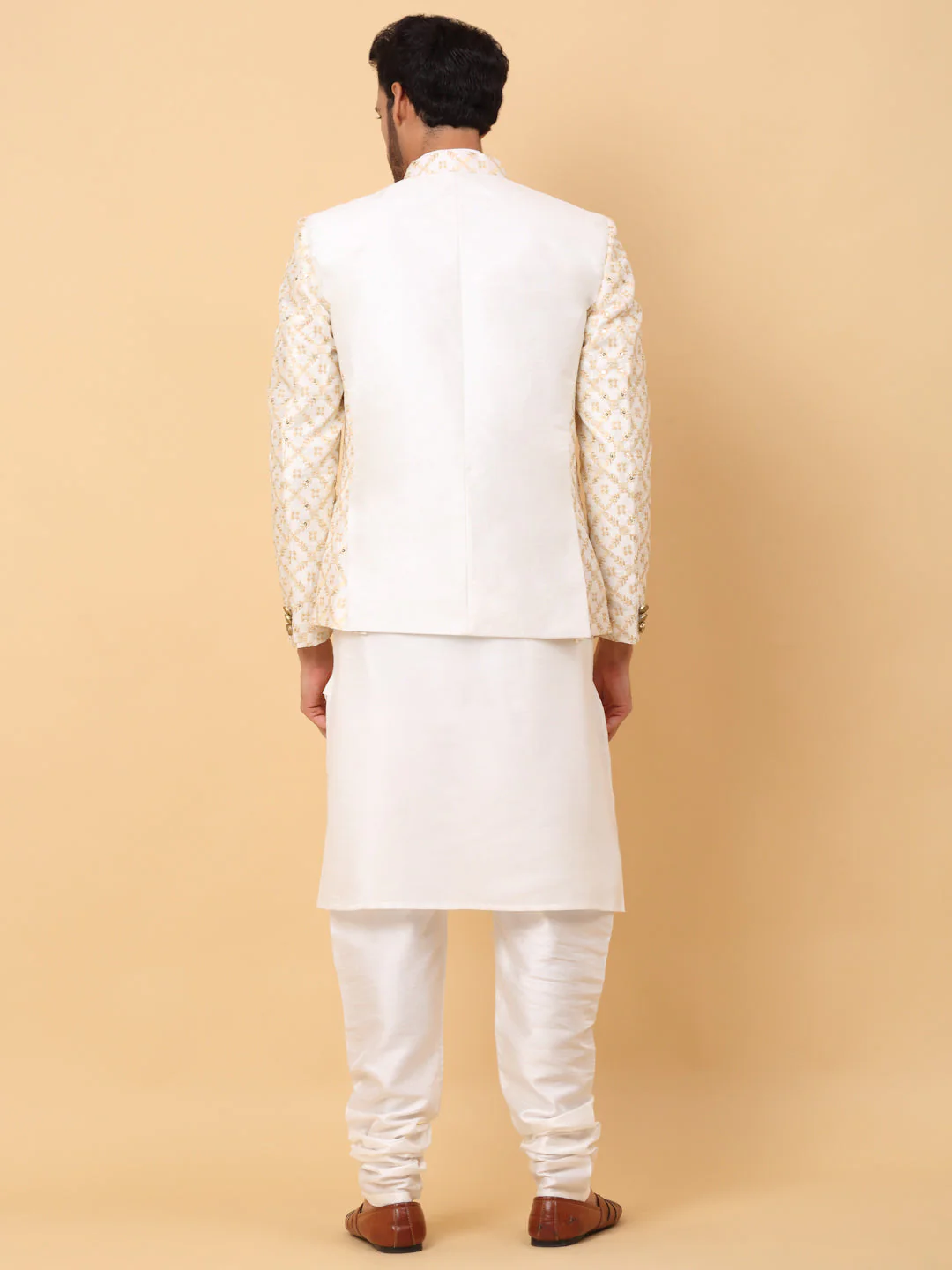 KRAFT INDIA Men's Silk Cream Kurta Churidar With Embroidered Zari Bandhgala Suit/Coat - Image 7