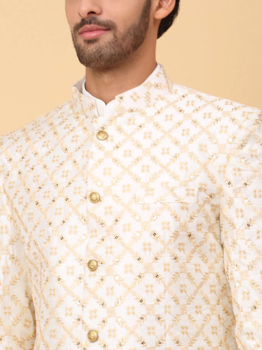 KRAFT INDIA Men's Silk Cream Kurta Churidar With Embroidered Zari Bandhgala Suit/Coat - Image 8