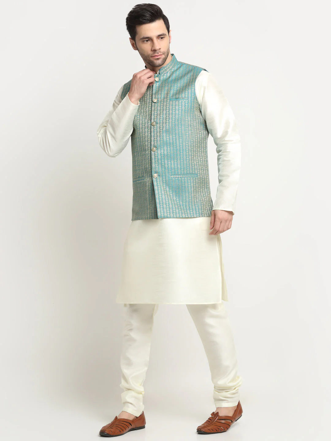 KRAFT INDIA Men's Silk Cream Kurta Churidar with Nehru Jacket Set - Image 3