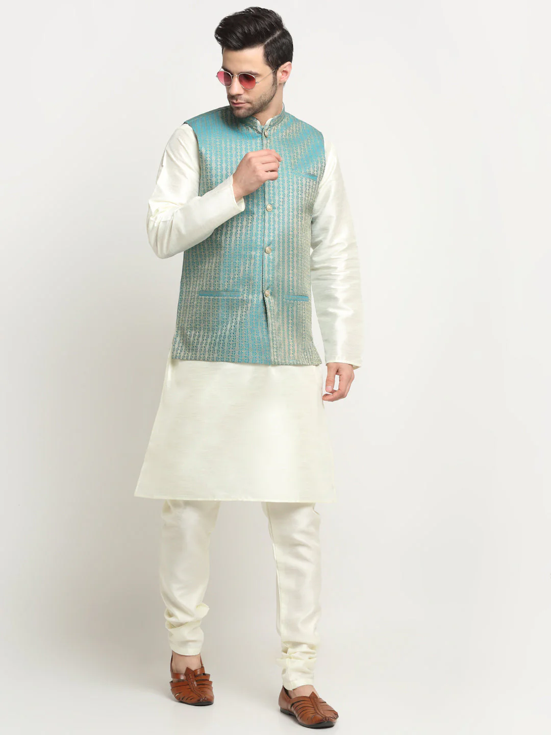 KRAFT INDIA Men's Silk Cream Kurta Churidar with Nehru Jacket Set - Image 5
