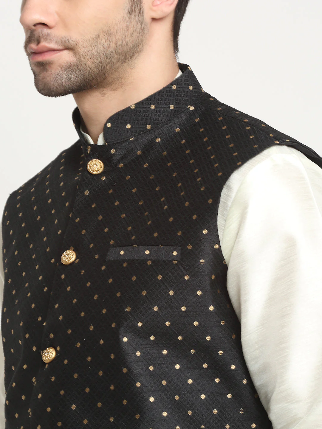 KRAFT INDIA Men's Silk Cream Kurta Churidar With Polka Dotted Nehru Jacket Set - Image 13