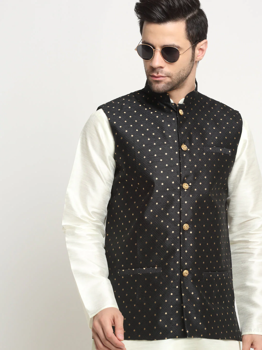KRAFT INDIA Men's Silk Cream Kurta Churidar With Polka Dotted Nehru Jacket Set - Image 15