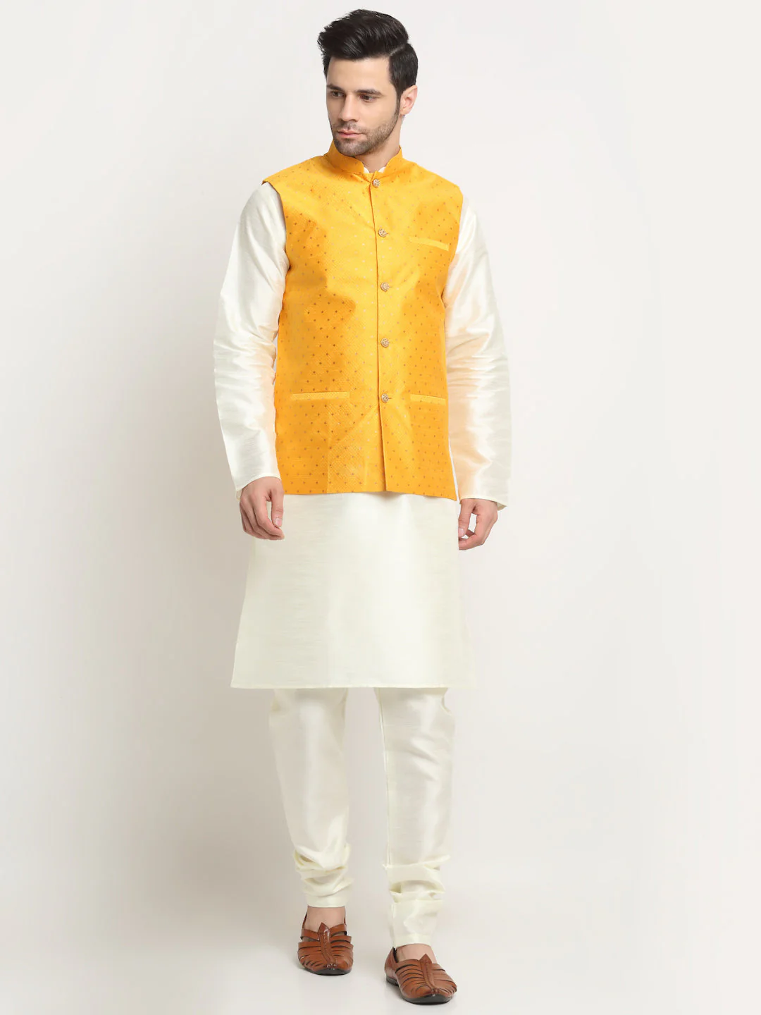 KRAFT INDIA Men's Silk Cream Kurta Churidar With Polka Dotted Nehru Jacket Set - Image 167