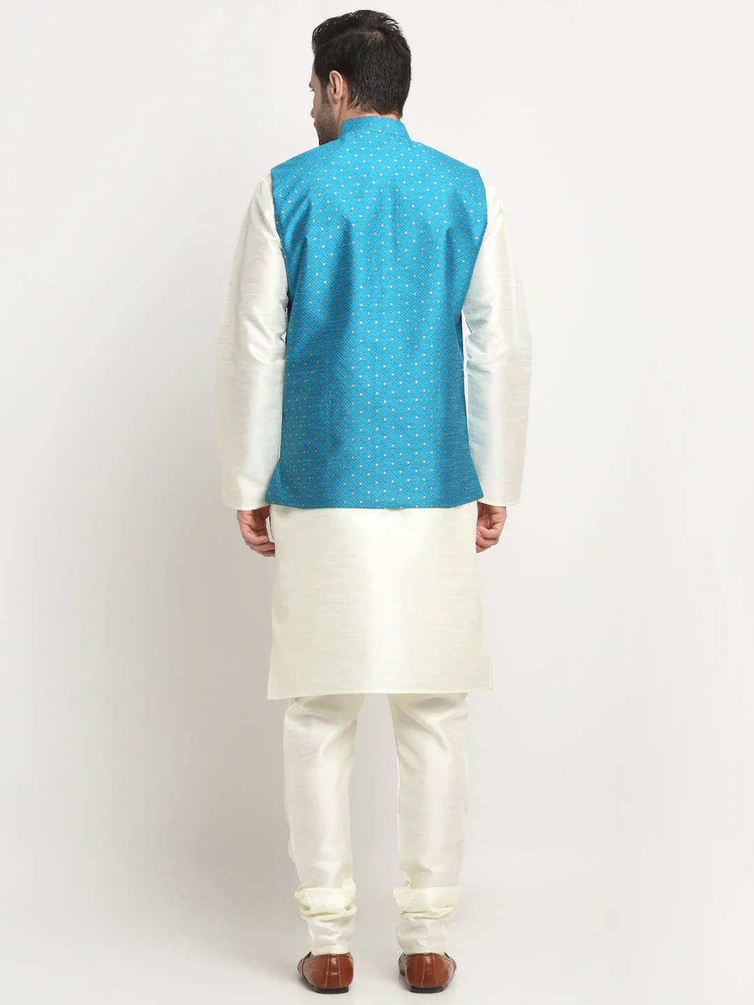 KRAFT INDIA Men's Silk Cream Kurta Churidar With Polka Dotted Nehru Jacket Set - Image 20