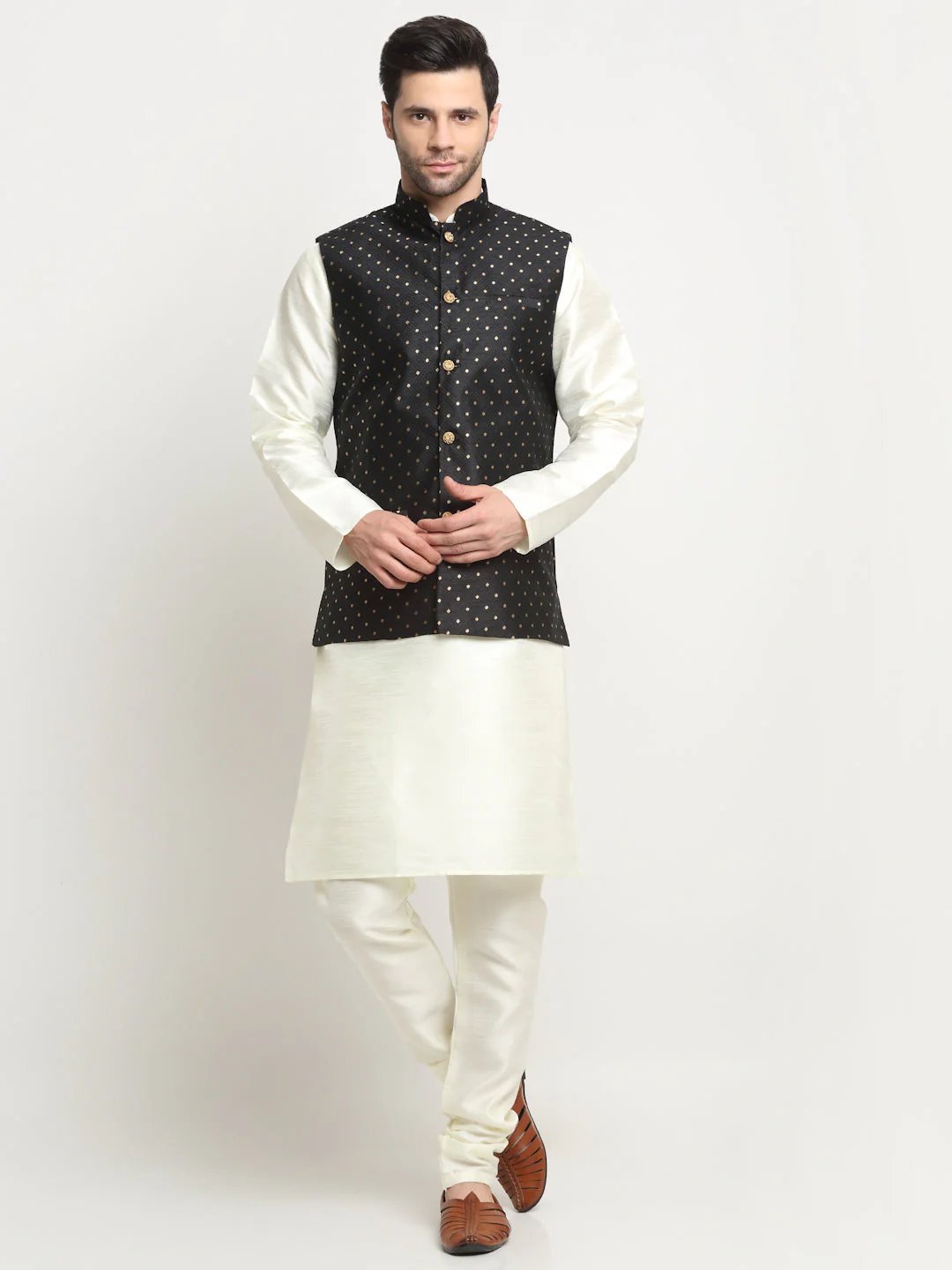 KRAFT INDIA Men's Silk Cream Kurta Churidar With Polka Dotted Nehru Jacket Set - Image 201