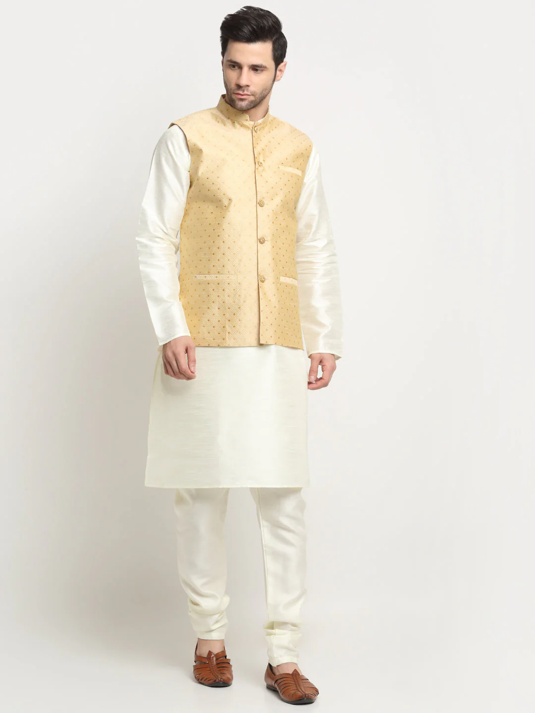 KRAFT INDIA Men's Silk Cream Kurta Churidar With Polka Dotted Nehru Jacket Set - Image 214