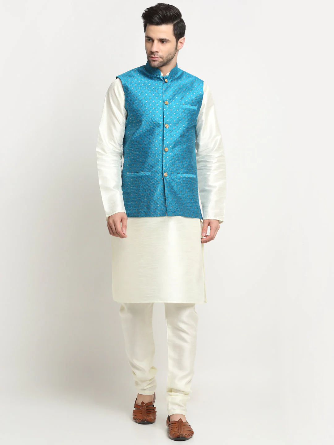 KRAFT INDIA Men's Silk Cream Kurta Churidar With Polka Dotted Nehru Jacket Set - Image 217