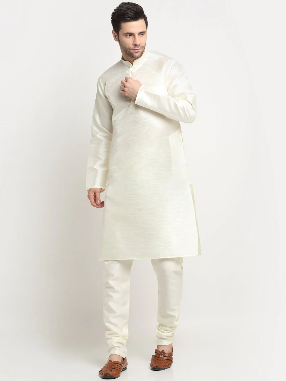 KRAFT INDIA Men's Silk Cream Kurta Churidar With Polka Dotted Nehru Jacket Set - Image 7