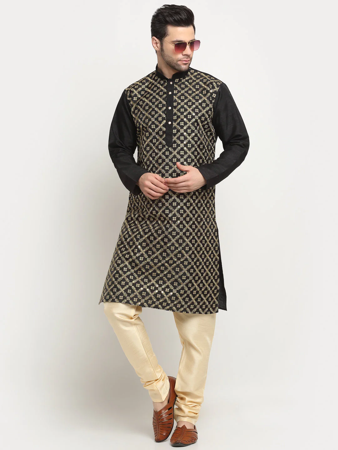 KRAFT INDIA Men's Silk Embroided Zari Kurta & Beige Churidar Set - Image 12