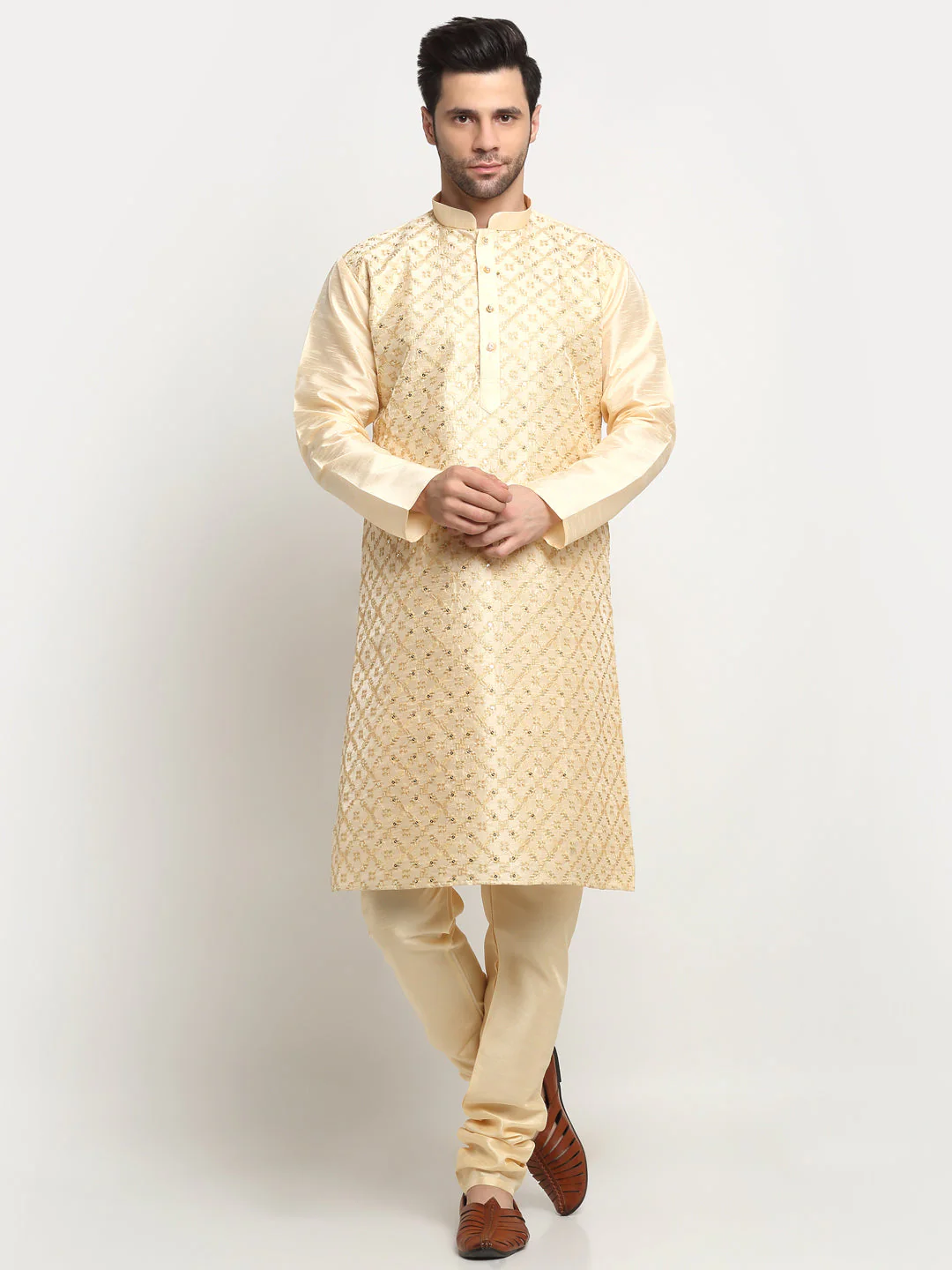 KRAFT INDIA Men's Silk Embroided Zari Kurta & Beige Churidar Set - Image 15
