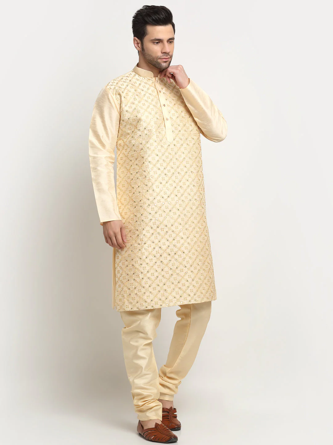 KRAFT INDIA Men's Silk Embroided Zari Kurta & Beige Churidar Set - Image 17