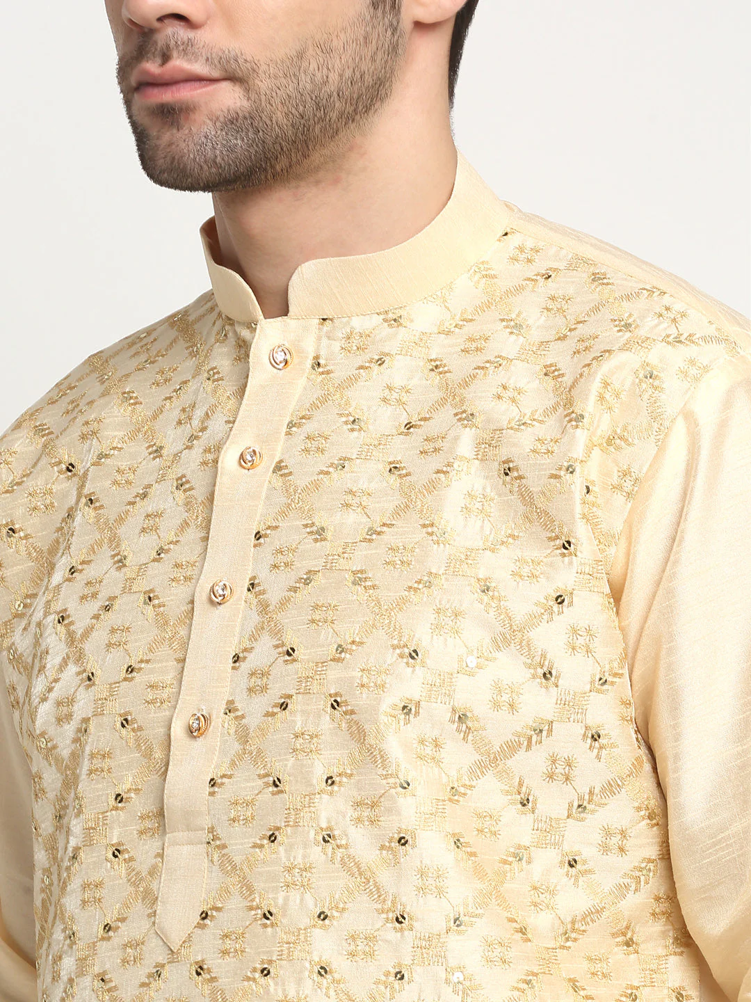 KRAFT INDIA Men's Silk Embroided Zari Kurta & Beige Churidar Set - Image 18