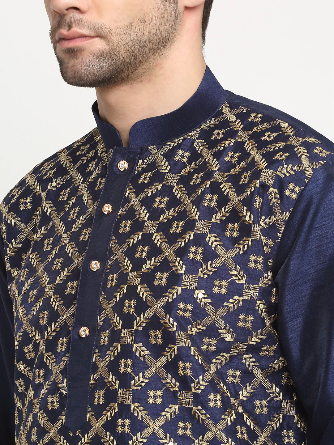KRAFT INDIA Men's Silk Embroided Zari Kurta & Beige Churidar Set - Image 25