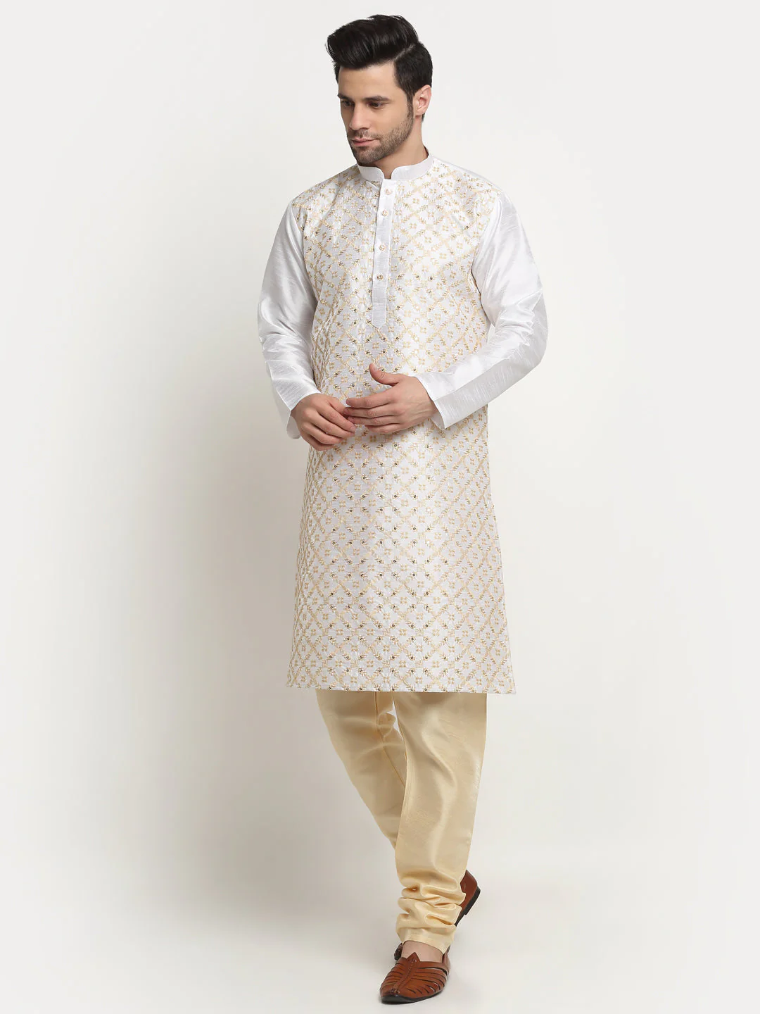 KRAFT INDIA Men's Silk Embroided Zari Kurta & Beige Churidar Set - Image 3
