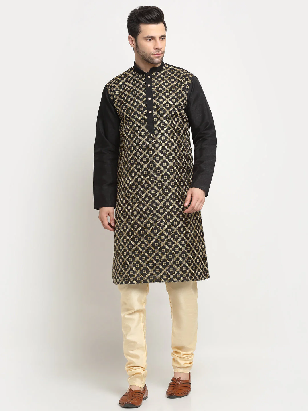 KRAFT INDIA Men's Silk Embroided Zari Kurta & Beige Churidar Set - Image 8