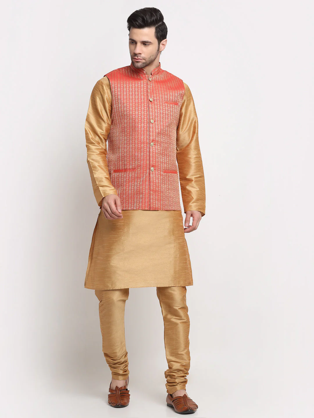 KRAFT INDIA Men's Silk Gold Kurta Churidar with Nehru Jacket Set - Image 10