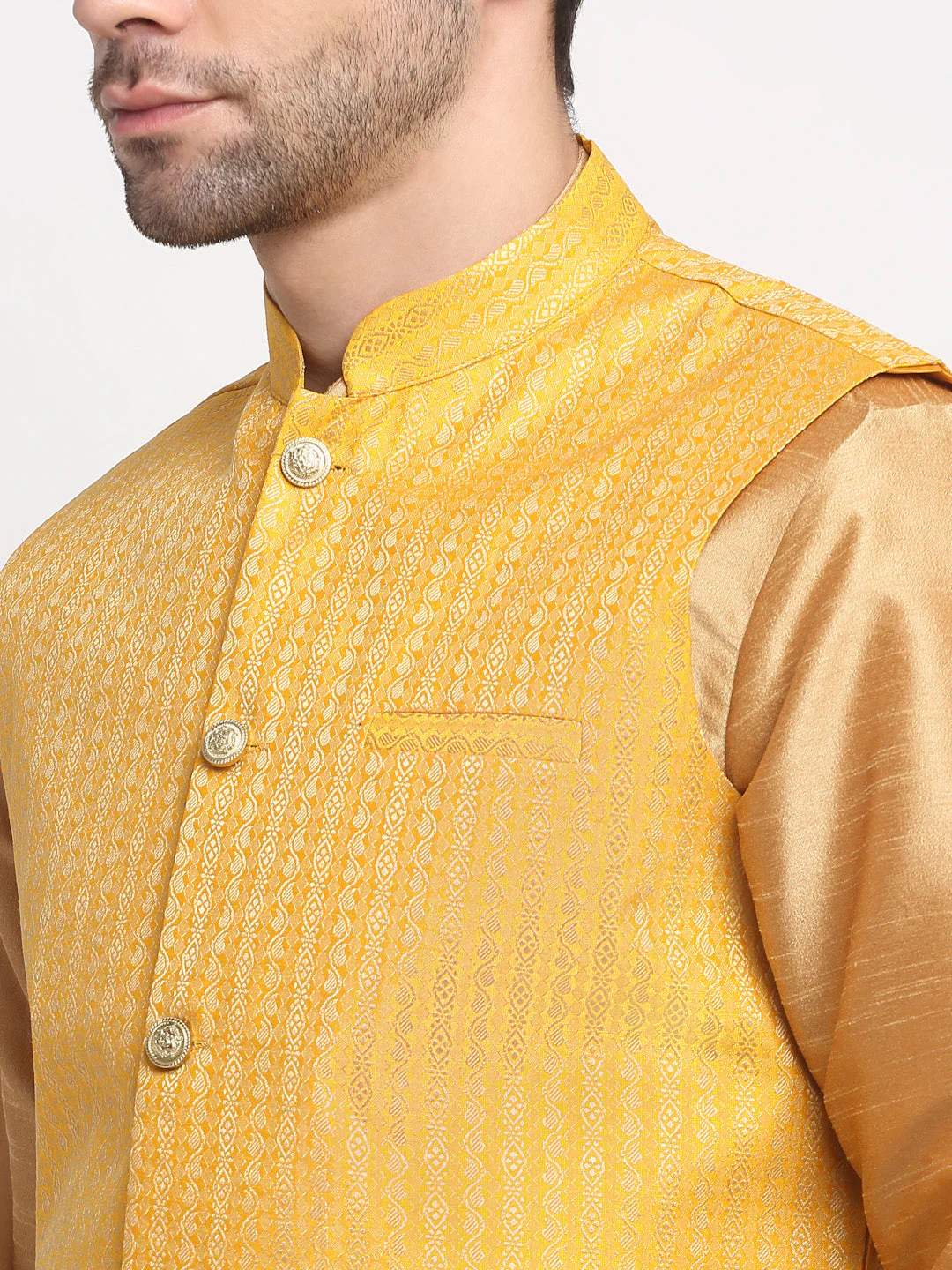 KRAFT INDIA Men's Silk Gold Kurta Churidar with Nehru Jacket Set - Image 20