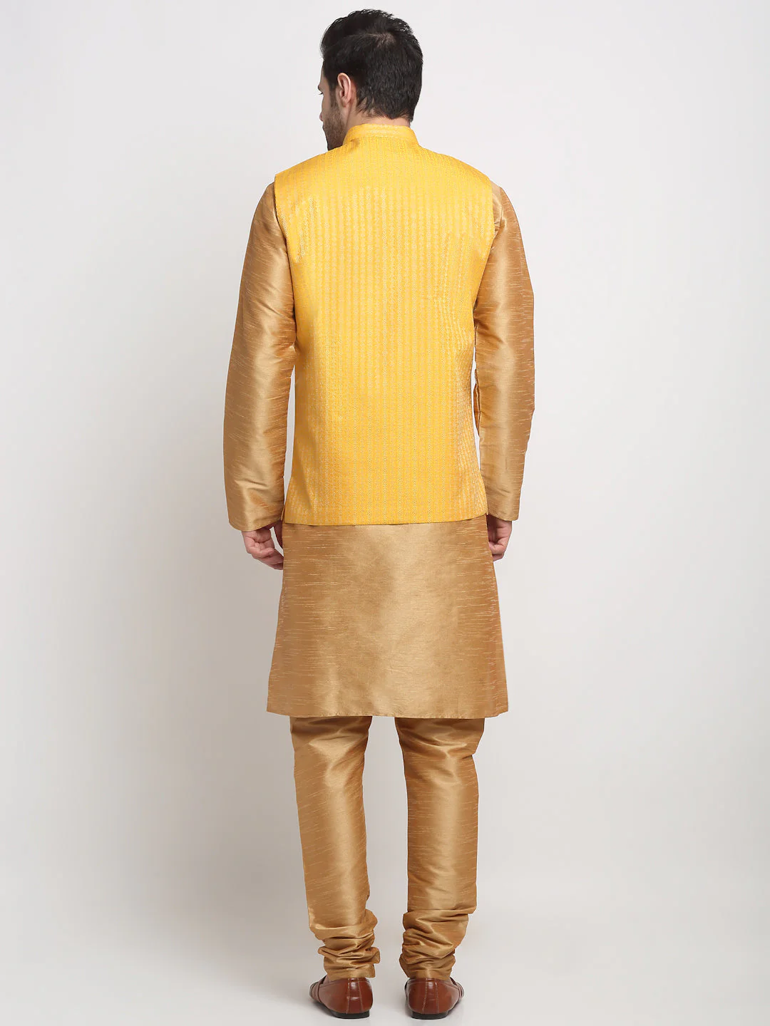 KRAFT INDIA Men's Silk Gold Kurta Churidar with Nehru Jacket Set - Image 21