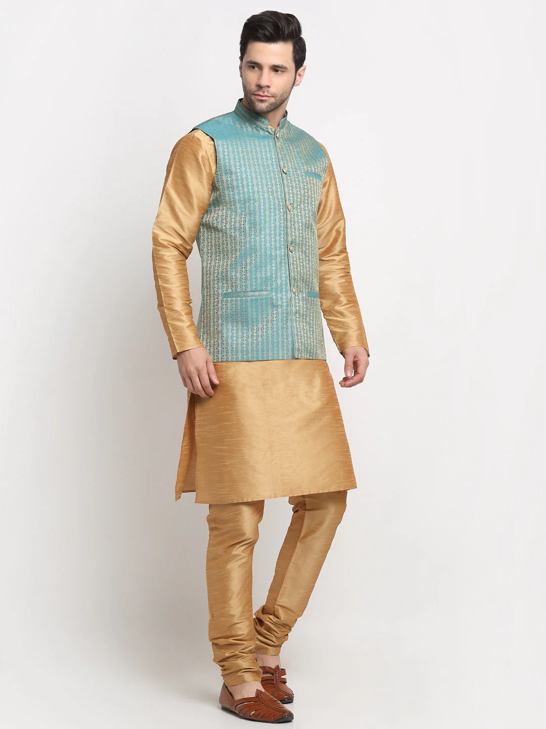 KRAFT INDIA Men's Silk Gold Kurta Churidar with Nehru Jacket Set - Image 3
