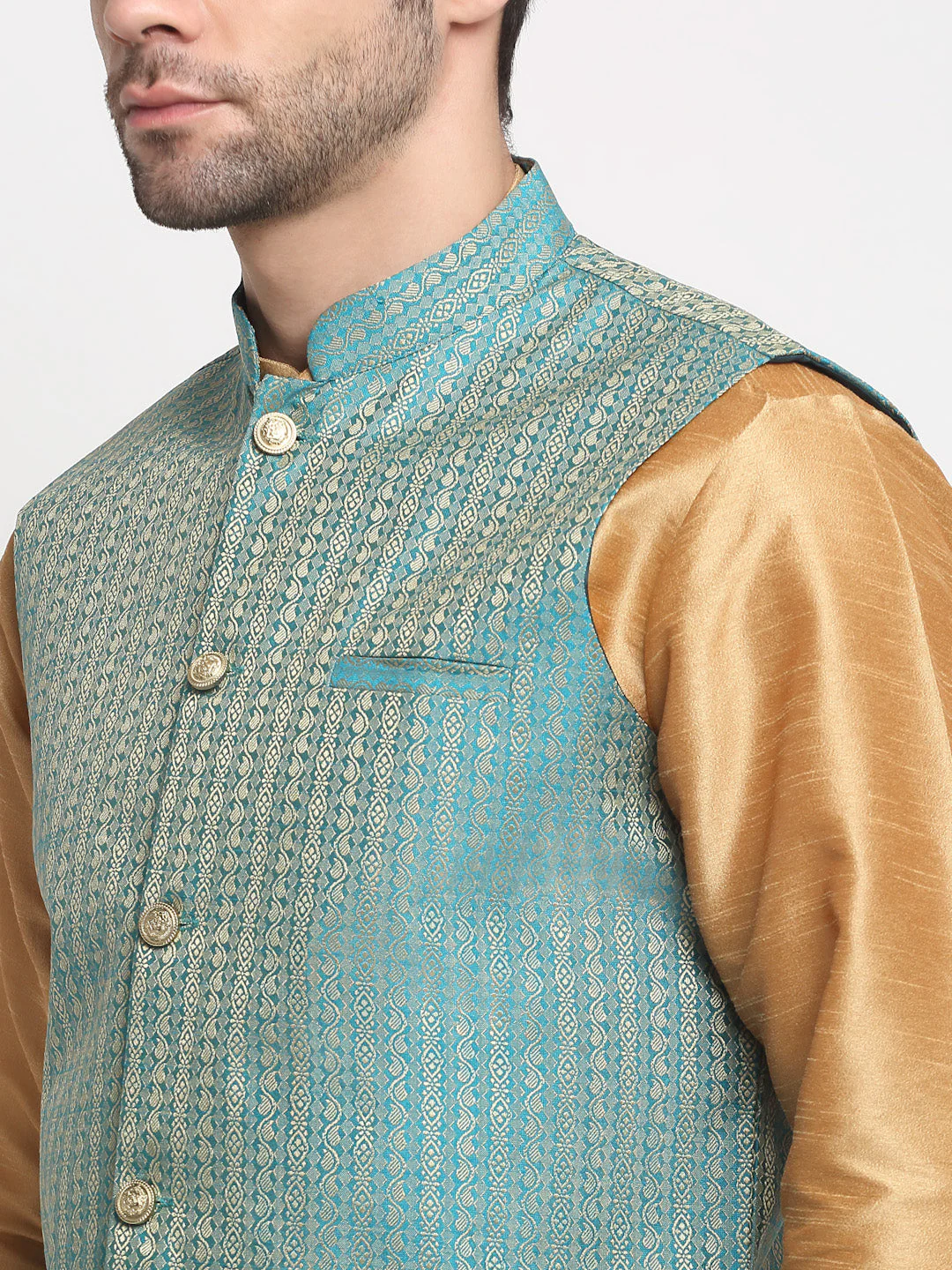 KRAFT INDIA Men's Silk Gold Kurta Churidar with Nehru Jacket Set - Image 4