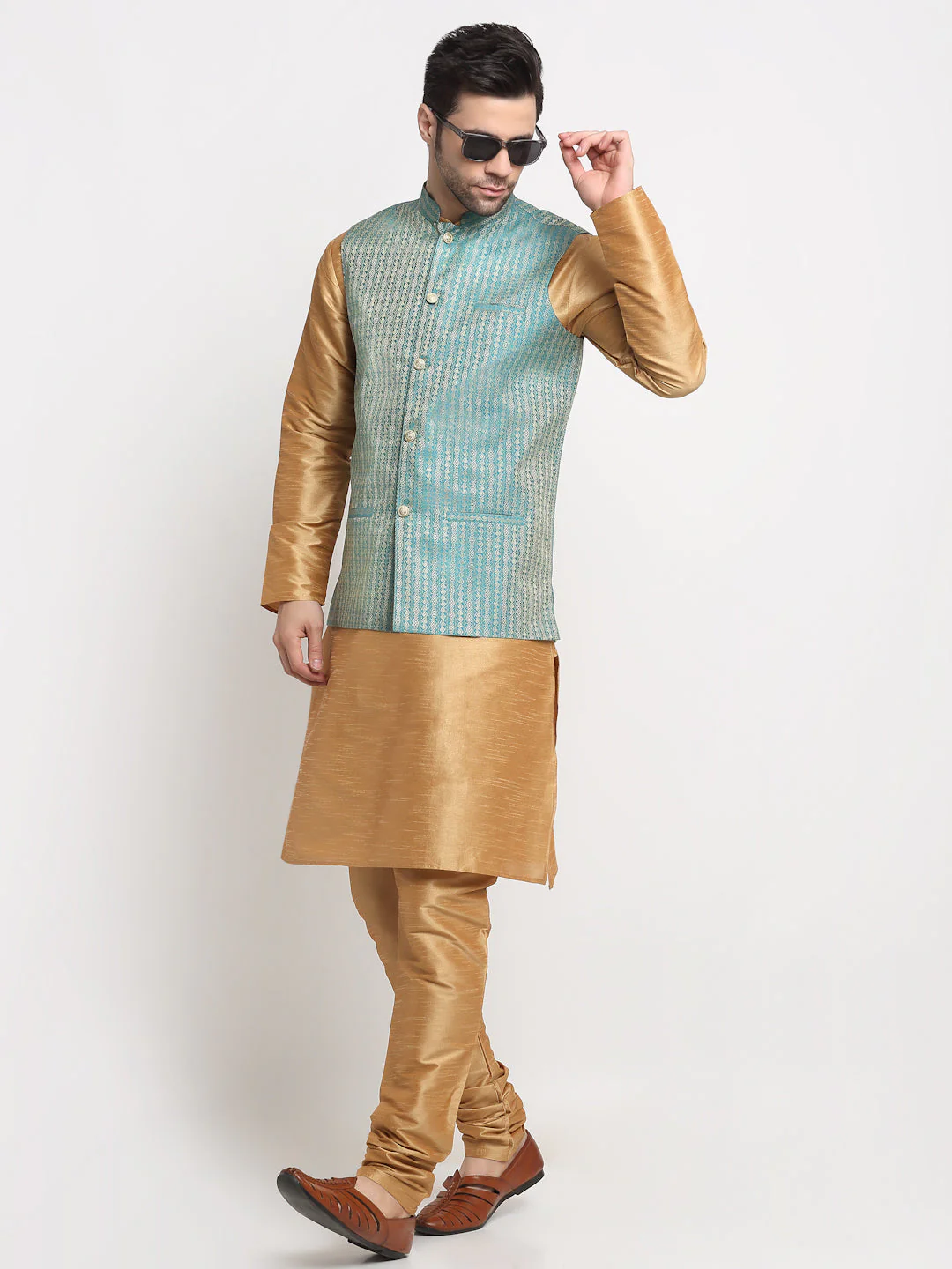 KRAFT INDIA Men's Silk Gold Kurta Churidar with Nehru Jacket Set - Image 5