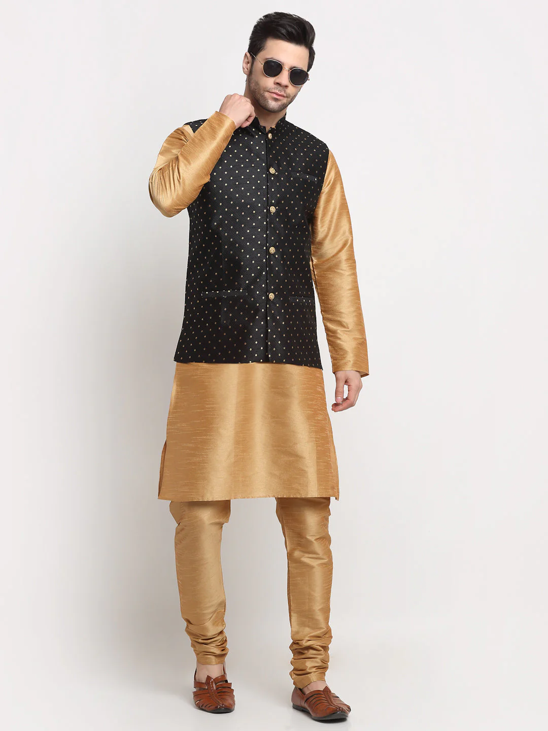 KRAFT INDIA Men's Silk Gold Kurta Churidar With Polka Dotted Nehru Jacket Set - Image 14