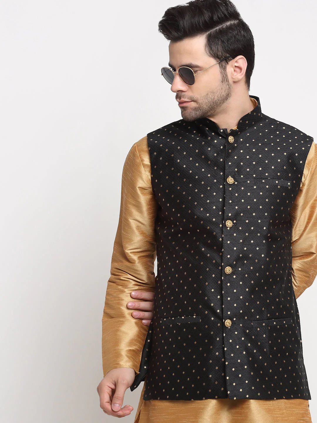KRAFT INDIA Men's Silk Gold Kurta Churidar With Polka Dotted Nehru Jacket Set - Image 15