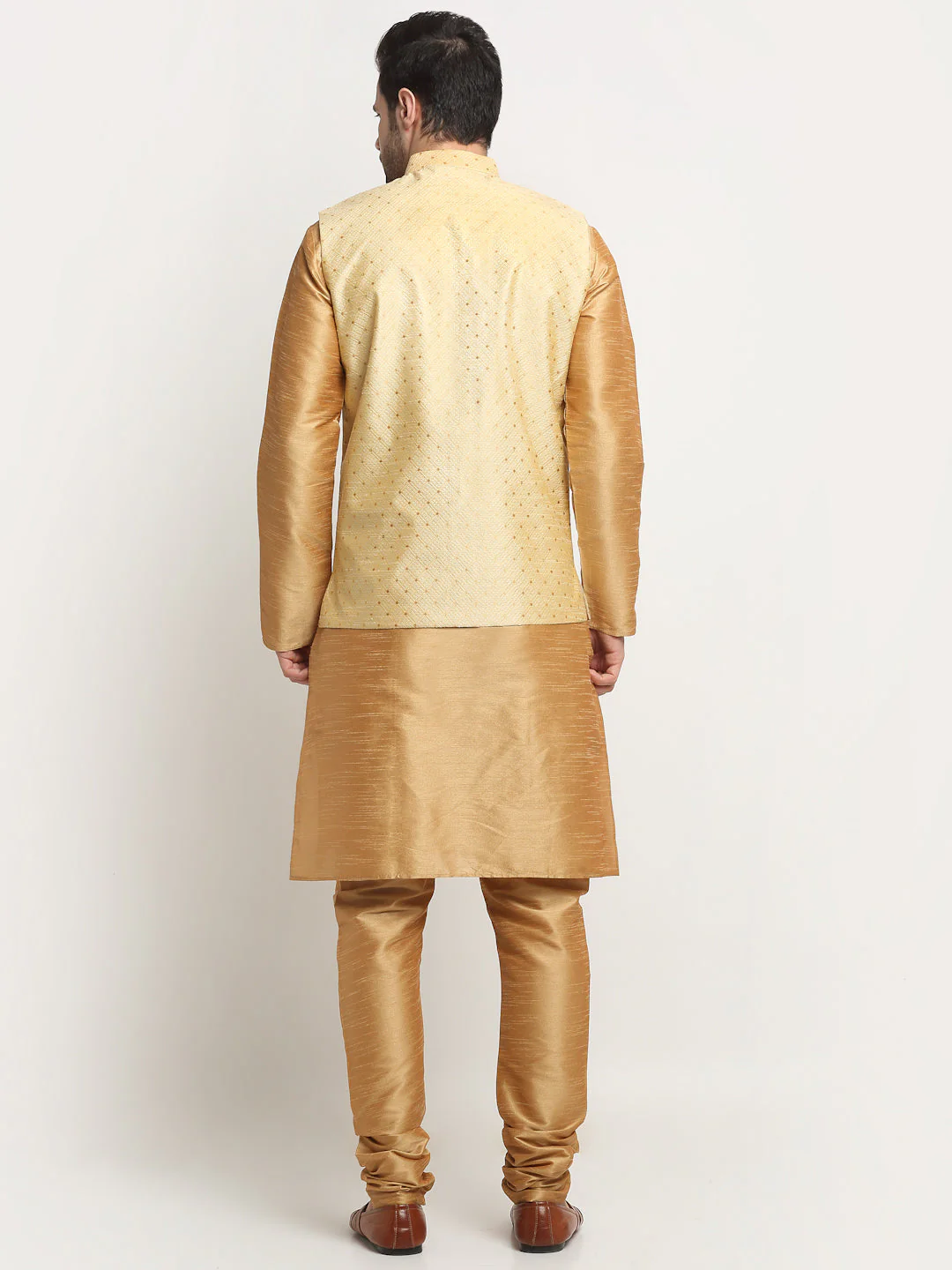 KRAFT INDIA Men's Silk Gold Kurta Churidar With Polka Dotted Nehru Jacket Set - Image 2