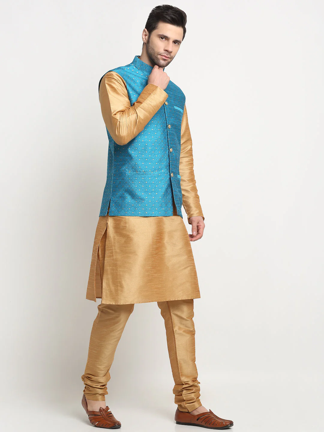 KRAFT INDIA Men's Silk Gold Kurta Churidar With Polka Dotted Nehru Jacket Set - Image 21