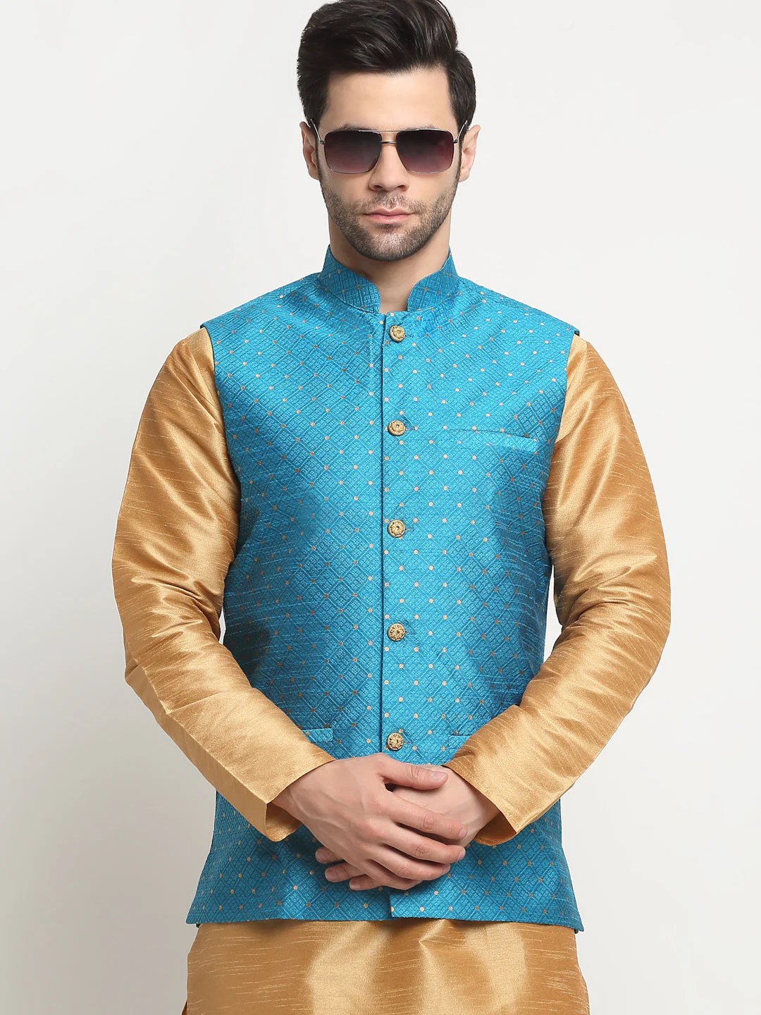 KRAFT INDIA Men's Silk Gold Kurta Churidar With Polka Dotted Nehru Jacket Set - Image 24