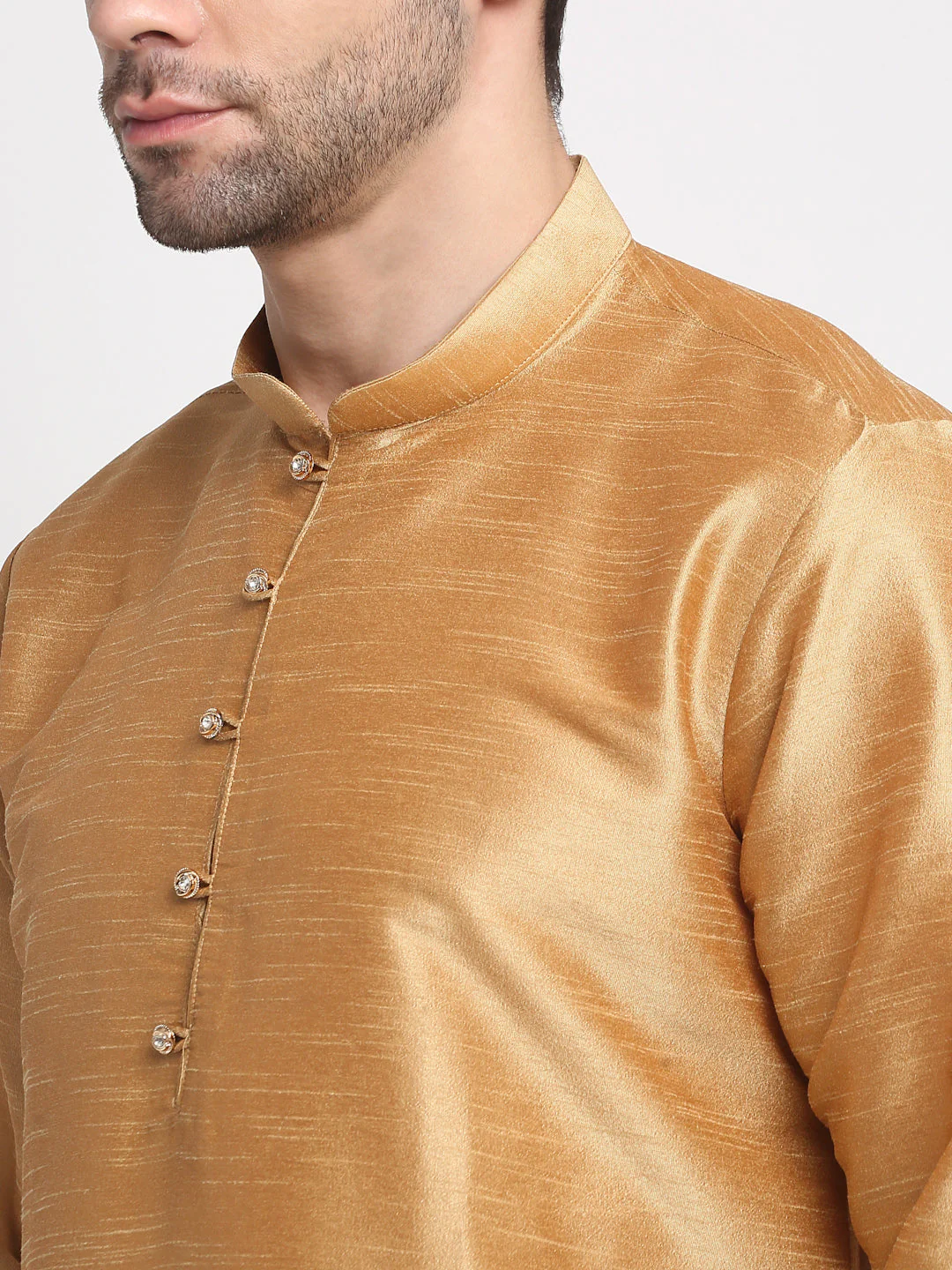 KRAFT INDIA Men's Silk Gold Kurta Churidar With Polka Dotted Nehru Jacket Set - Image 26